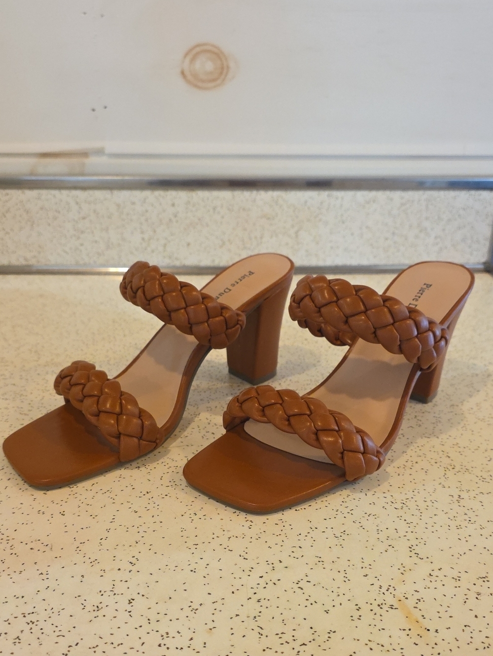 Pierre Dumas Women's Ariana Braided Faux Leather 3.5" Heel Shoes Dark Tan 7.5